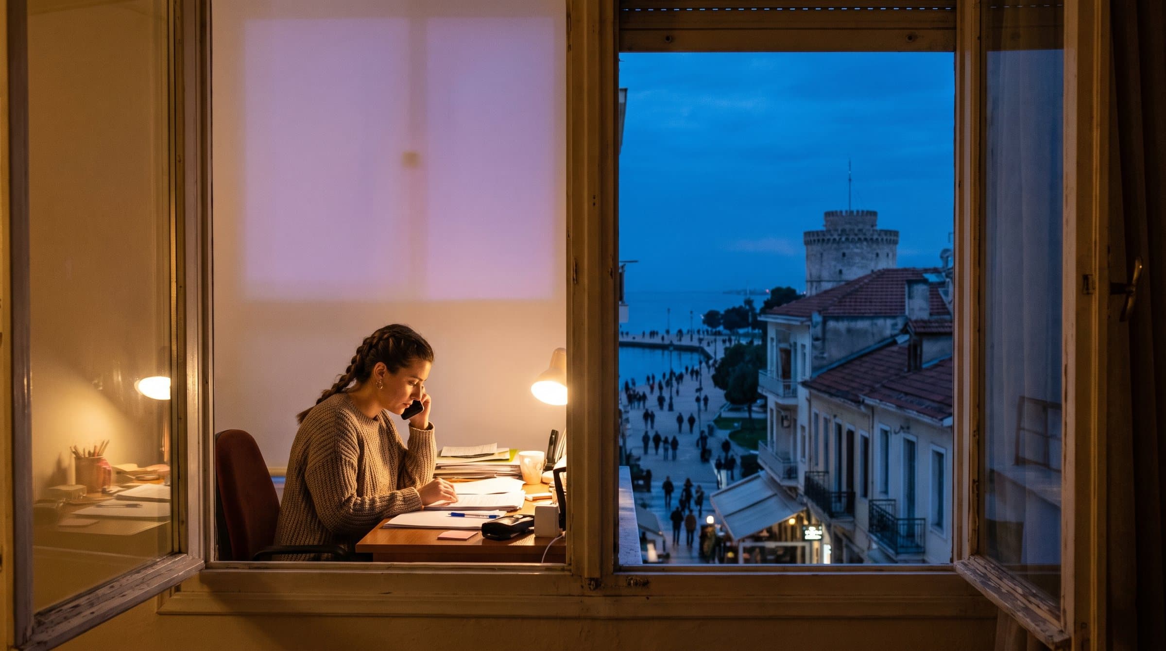Η παραλία της Θεσσαλονίκης την μπλε ώρα, μια γυναίκα στο τηλέφωνο πίσω από φωτισμένο παράθυρο